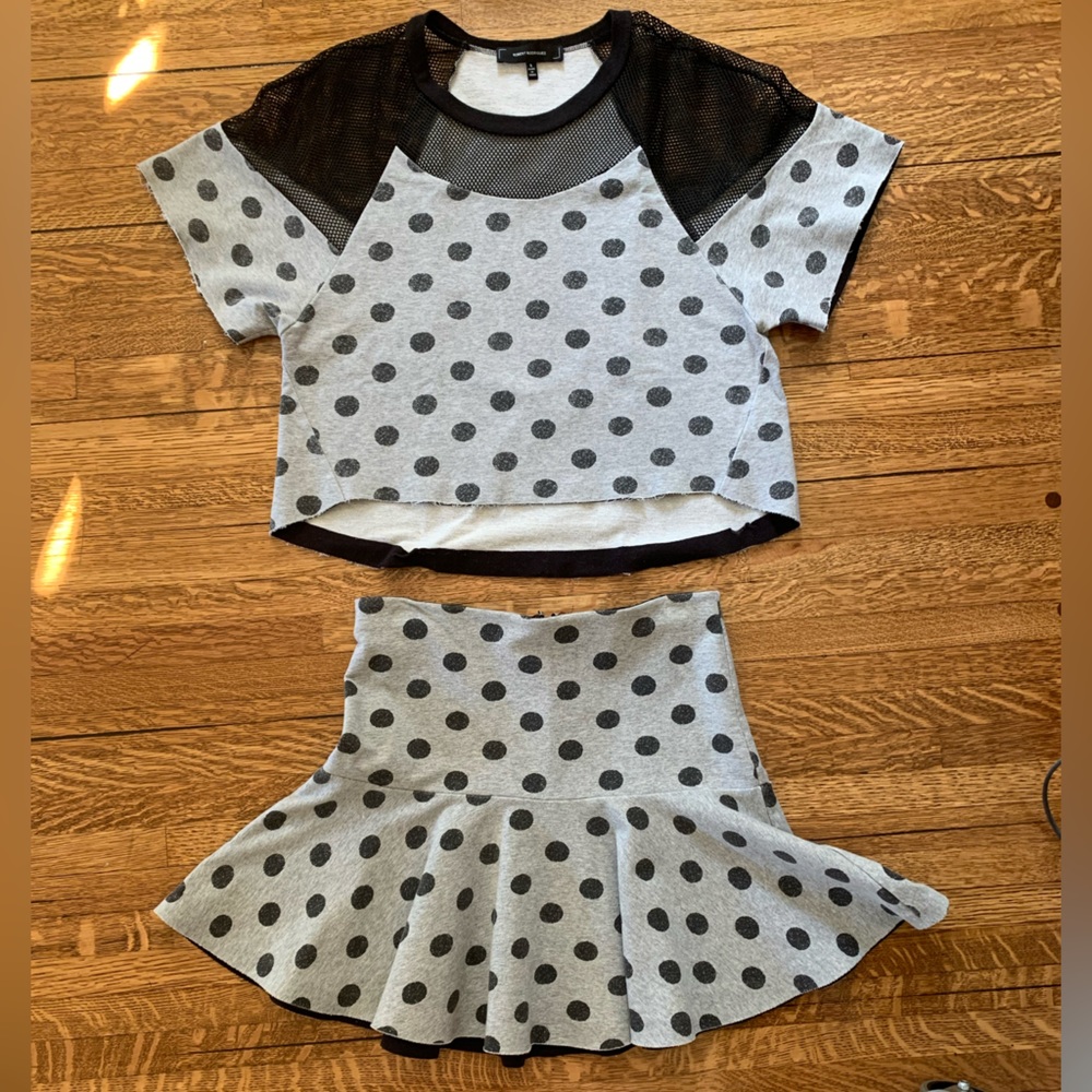 Robert Rodriguez Grey Polka Dot Cropped Shirt and Mini Skirt Set Size Small